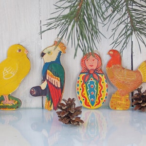 Set Decoración navideña, Pollito, Loro, Matrioshka, Gallina, Adornos de cartón, Decoración rara, Adorno navideño