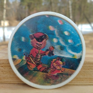 Stereo badge Bear with balalaika, Vintage 3D icon, Animals, Cartoon character, Gift idea, Soviet badge, Collectible, Decor
