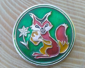 Funny squirrel pin, Childrens pin, Squirrel with flowers, Vintage badge