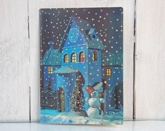 Rare carte postale du Nouvel An de l'URSS : bonhomme de neige, arbre de Noël, 1980