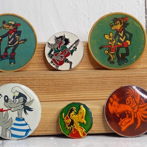 Wolf pins, Set pins 6 stuks, Nou wacht, Childrens pins, Stripfiguur, Vintage pins