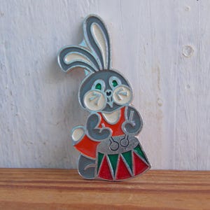 Hare with a drum, Childrens pin, Vintage animal pin, Funny bunny.