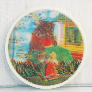 Masza i Niedźwiedź, Dziecięca przypinka, Vintage 3D przypinka, Stereo przypinka, Radziecka odznaka vintage