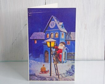 Carte du Nouvel An, Carte postale inutilisée, Père Noël éclairant une lanterne de Noël, Carte de vœux, Carte rare, Carte de Noël, 1979