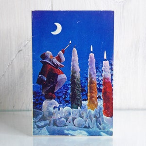 Cartão de Ano Novo, Cartão postal não utilizado, Papai Noel acendendo velas de Ano Novo, Cartão de felicitações, Cartão postal colecionável, Cartão de Natal, 1971