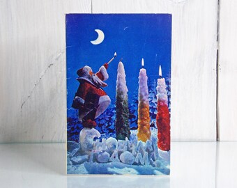 Carte du Nouvel An, Carte postale inutilisée, Père Noël allumant les bougies du Nouvel An, Carte de vœux, Carte postale à collectionner, Carte de Noël, 1971
