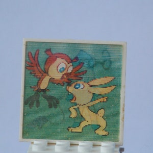 Lenticular pin, Cartoon pin, Sparrow and Hare,Soviet vintage pin, Rare pin, Backpack Decoration