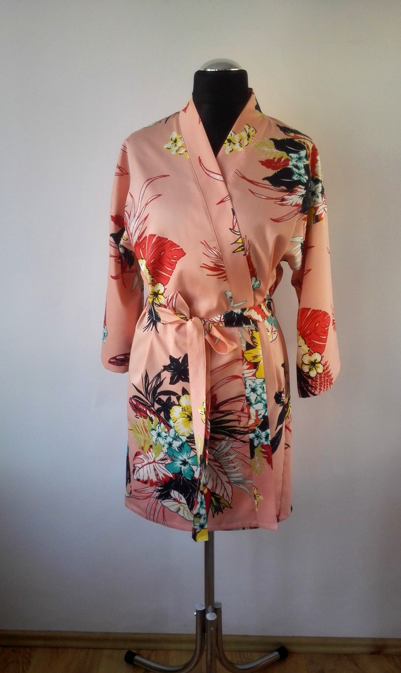 Pink Floral Cotton Kimono Robe Cotton Satin Robe Bridesmaid Etsy