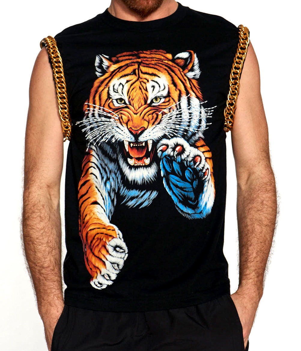 Tiger Gold Chain Black Muscle Shirt 
