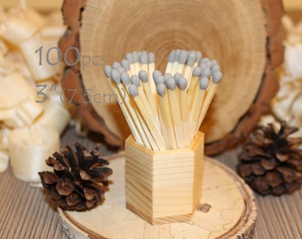 100 allumettes pour bougies de mariage grises. Assortiments personnalisés pour panier-cadeau de bougies. Bâtonnets de bois naturel, pointes gris clair, 3 po.