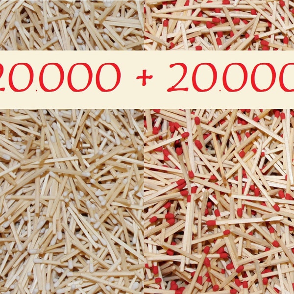 20k white tips 20k red tips natural wood matchsticks. Length 1.85".