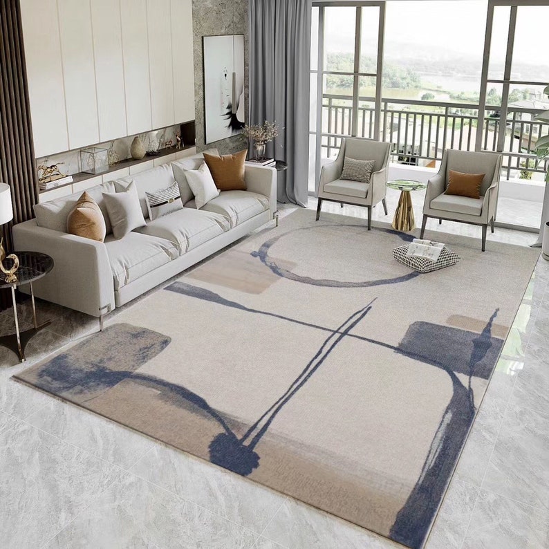 Blue Abstract Rug for Living Room Large Carpet Beige Modern - Etsy