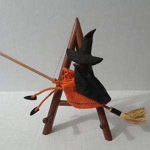 Vintage Flying Witch on Broom Halloween Collectible Unusual Painted Face 15 in Long