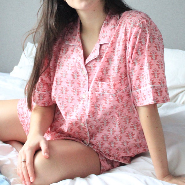 Block Print Pink Pyjama Short Set, Christmas Gift for Her, Stocking Filler, 100% Cotton