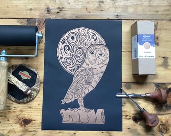 Owl and the Moon - an original artwork - linocut