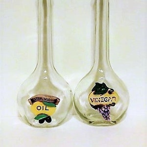 Cruet Set Tall Glass with Ceramic Logo/Oil and Vinegar/Vintage Serving/Serverware/Salad Cruet Set
