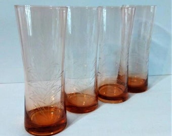 Vintage Tall Pink Depression Glassware with Etched Leaves Set of Four  12 Oz/ Hi Ball Glassware/Vintage Glassware/Pink Glass