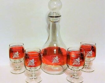 Vintage Italian Gold Trim Clear & Cranberry Glass Decanter with 4 Glasses/Italian Glass