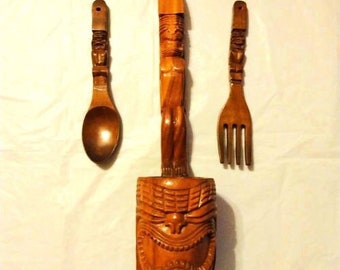 Vintage Hawaiian Tiki Hand Carved Wood Monkey Pod and Spoon and Fork/Hand Carved Wood/Vintage Decor