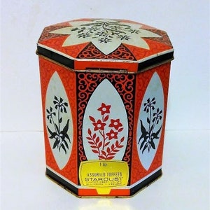 Vintage English Metal Tin by Stardust Co. Of England Vintage Floral Red Black White/Collectible Tin