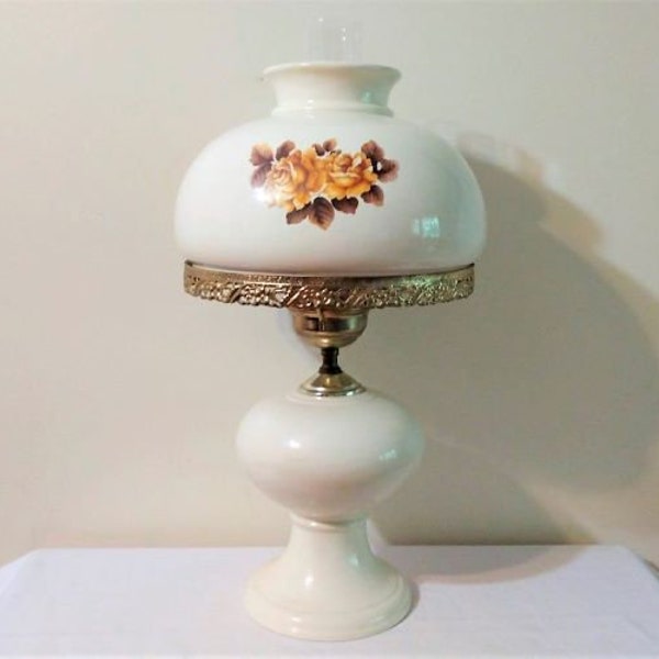 Vintage Ivory White Ceramic and Gold Floral Gone with The Wind Style Lamp with Glass Chimney/Parlor Lamp/Vintage Home Decor
