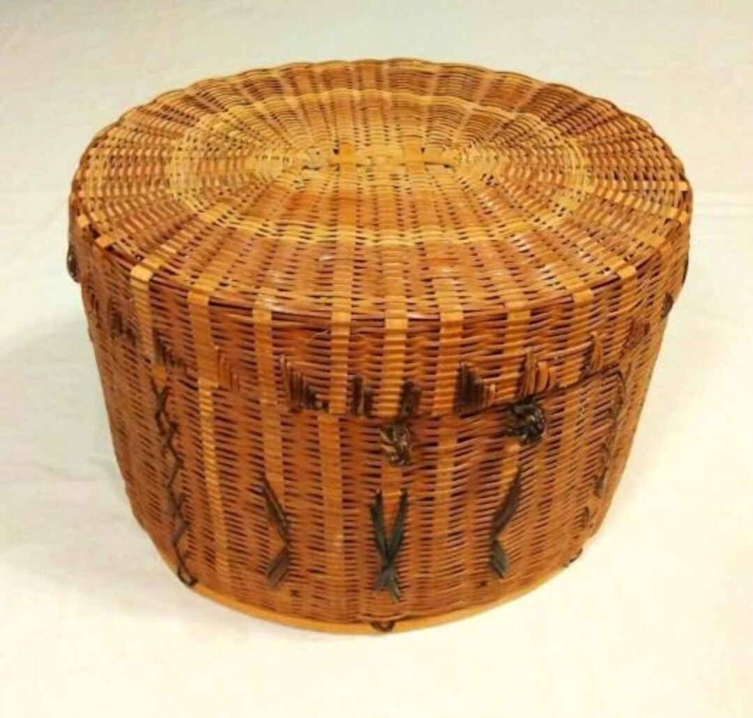 Vintage Large 14" X 10" Hand Woven Oval Basket With Lid/vintage Decor ...