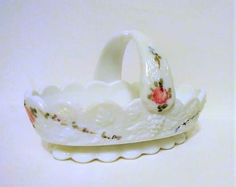 Vintage Westmoreland Early 20th Century Milk Glass Hand Painted Floral Glass Basket