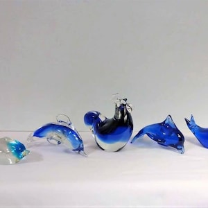 Vintage Set of Five Cobalt Blue Art Glass Fish Rooster Bird Figurines/Paperweight/Whale/Dolphin/Art Glass/Collectible Glass