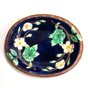 Antique Late 1800s Majolica Strawberry Blossom and Leaf Hand Made Ceramic Bread Plate