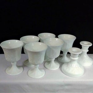 Vintage 1960s Indiana Glass Harvest Pattern Milk Glass Six 8 Oz. Goblets and Two Indiana Glass Harvest Candle Holders/Collectible Glass