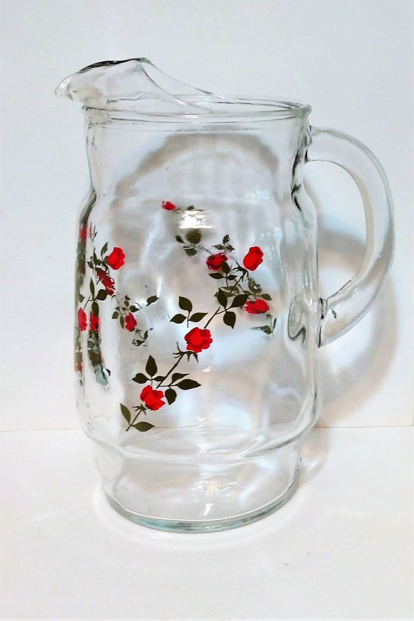 Vintage 1950s to 1960s Clear Glass Beverage Carafe Red Rose Anchor