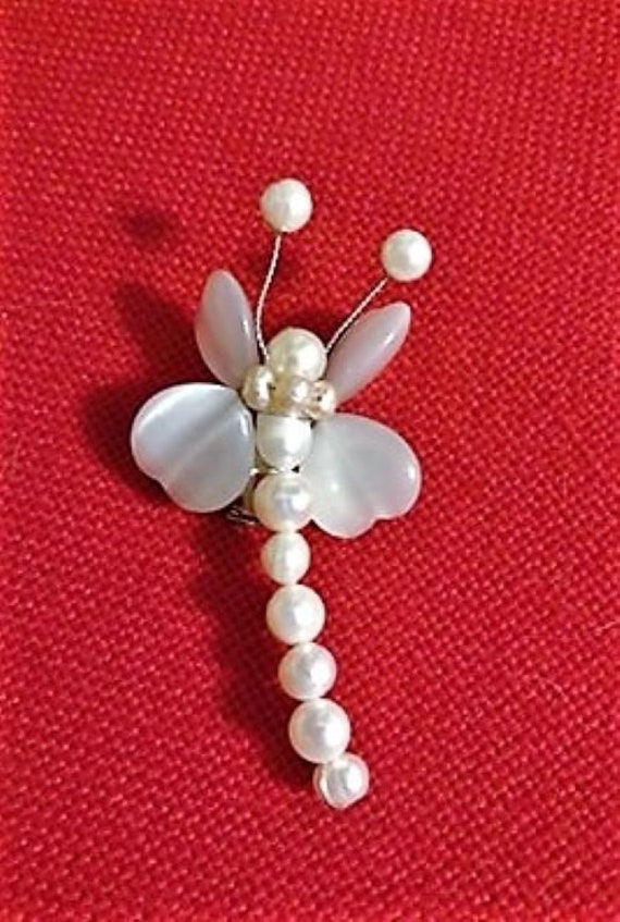 Brooch Vintage Handmade Faux Pearls Dragonfly/Drag