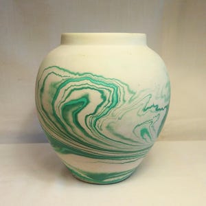 Vintage American Southwestern  Hand Made Hand Painted Tan Blue and Green Swirl Pottery 8&quot; Vase