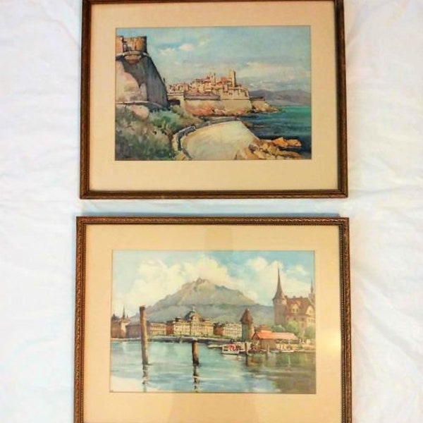 1930s French Artist Nicolas Markovitch "Marc" (1894-1964) Watercolor Lithographs Gold Vintage Frames and Matted Signed in Plate/Fine Art