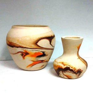 Vintage 1970s Nemadji Hand Made Sand Brown and Orange Swirl Clay Vases Set of Two/Vintage Decor