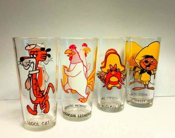 Vintage 1973 Pepsi Collector's Series Four 16 Oz. Tumblers Yosemite Sam/Pink Panther/Foghorn Leghorn/Speedy Gonzales/Vintage Glassware