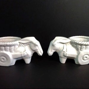 Vintage Set of Two White Ceramic Donkey with Cart Planters/Vintage Planters