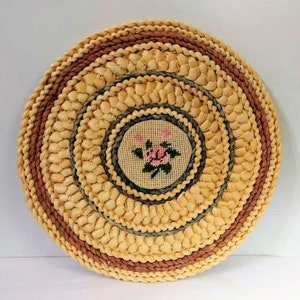 Vintage Large 12&quot; Wicker Rattan Hand Woven Embroidered Trivet/Placemat/Hot Plate/Kitchen Items/Country/Farmhouse Decor