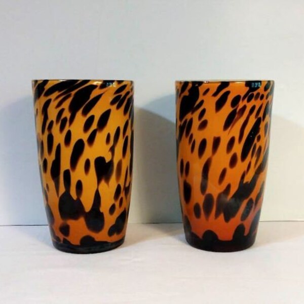 Vintage Hand Blown Tortoise Shell 16 Oz. Tumblers/Vintage Glassware/Barware