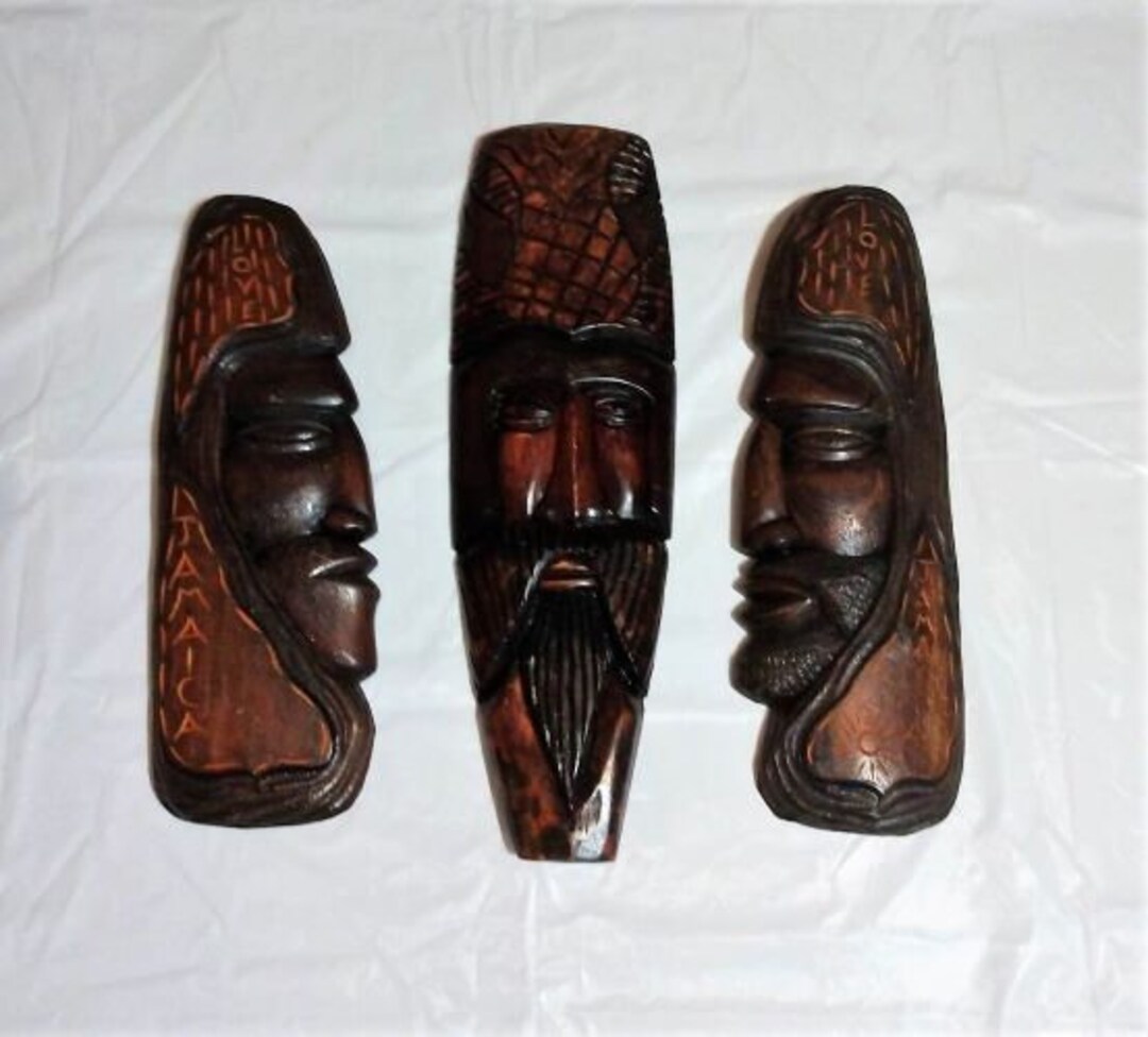 Vintage Jamaican Hand Carved Wood Masks Wall Hangings Set of Three Etsy