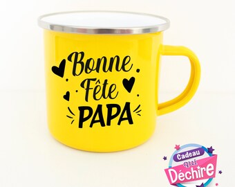 Enamelled cup "Happy Daddy Day", Father's Day gift idea, Dad gift. Handle to the right or left of the image