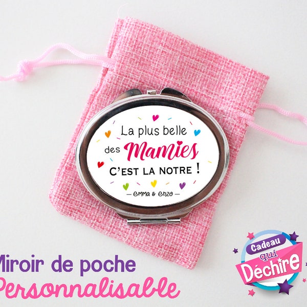 Miroir de poche mamie - Miroir de poche ovale personnalisable avec sa pochette pour le ranger - Idée cadeau fête des grands-mères