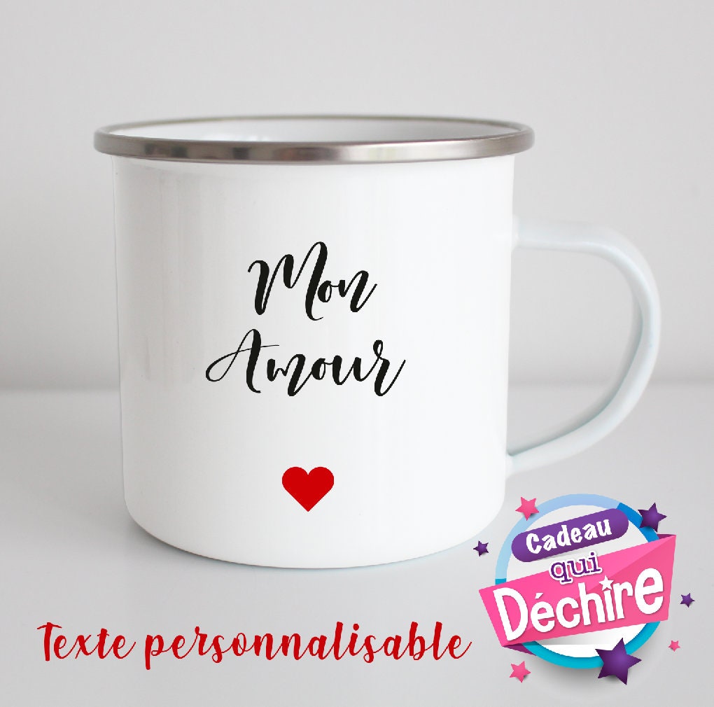 Mug Émaillé, Mug Personnalisable, Tasse Émaillée, Idée de Cadeau St Valentin. Poignée à Droite ou Ga