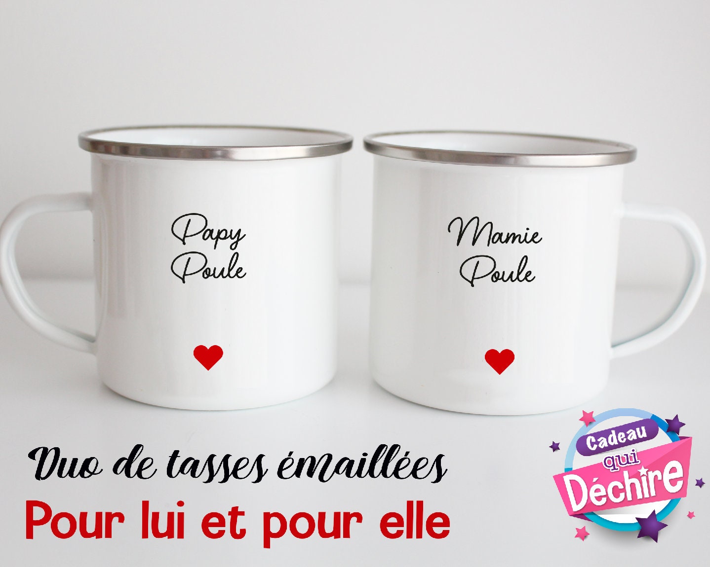 Duo Tasses Émaillées, Mug Émaillé, Idée de Cadeau Mamie et Papy. Poignée à Droite ou Gauche L'image