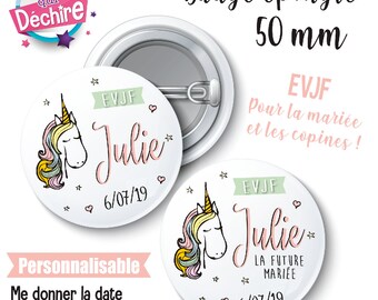 Badge EVJF licorne personnalisable - 50 mm - Le badge de la future mariée est OFFERT - badge mariage - badge Team