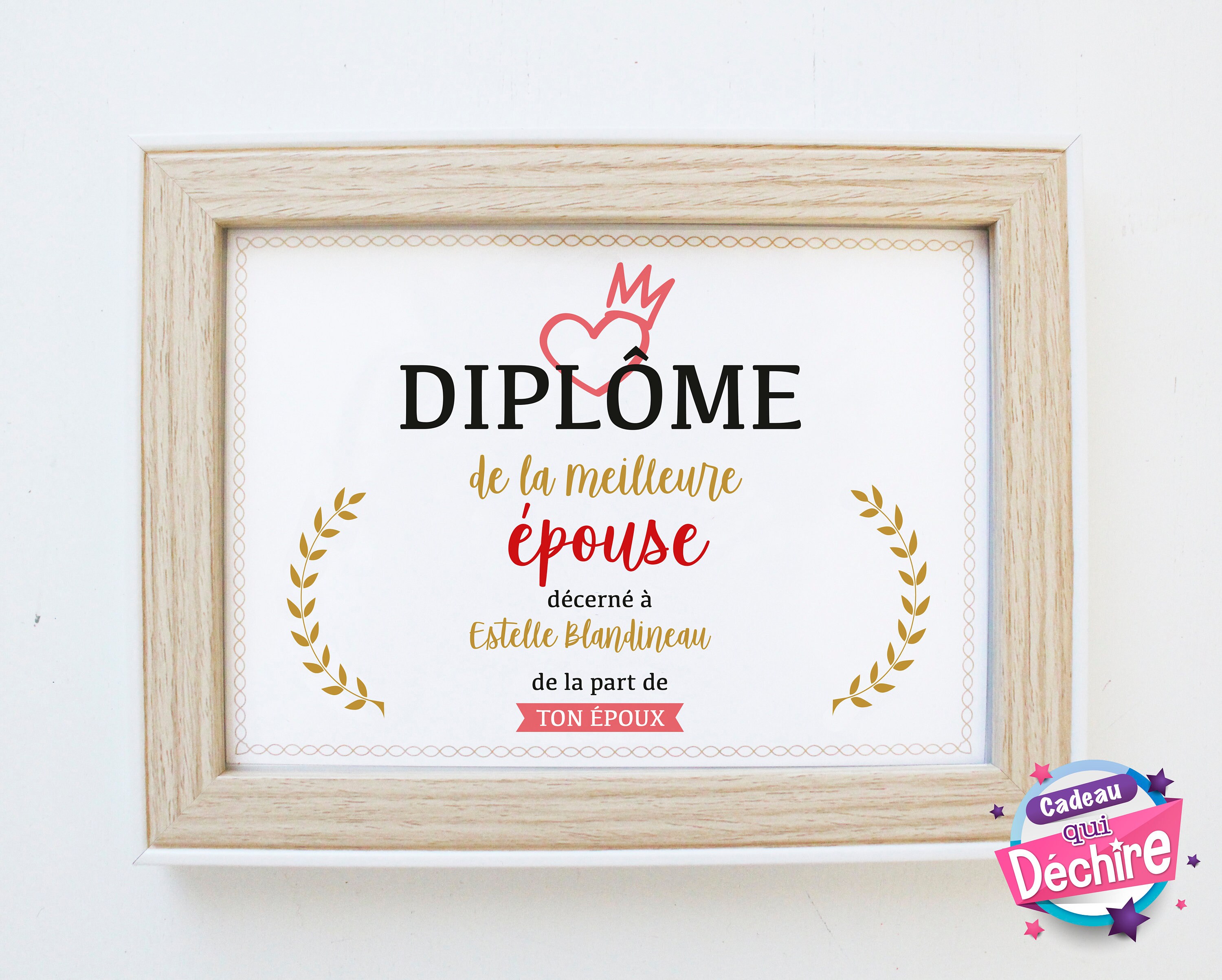 Idée Cadeau Saint Valentin - Affiche Diplôme Meilleure Épouse Choix Du Format Vendu Sans Le Cadre
