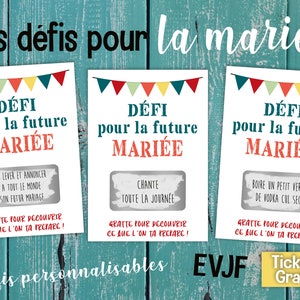 3 cartes à gratter EVJF personnalisable avec vos défis pour la future mariée - ticket à gratter EVJF - mariage - team de la mariée