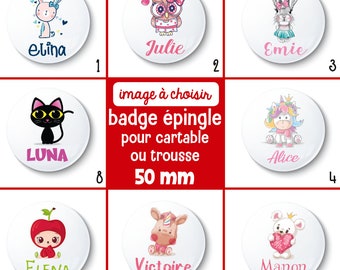Badge épingle rentrée scolaire - 50 mm - Choix de l'image - badge trousse, cartable, veste, ou autres supports de l'enfant - badge école