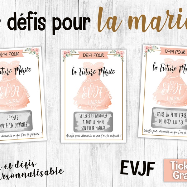 3 cartes à gratter EVJF personnalisable avec vos défis pour la mariée avec son prénom - ticket à gratter EVJF - mariage - team de la mariée