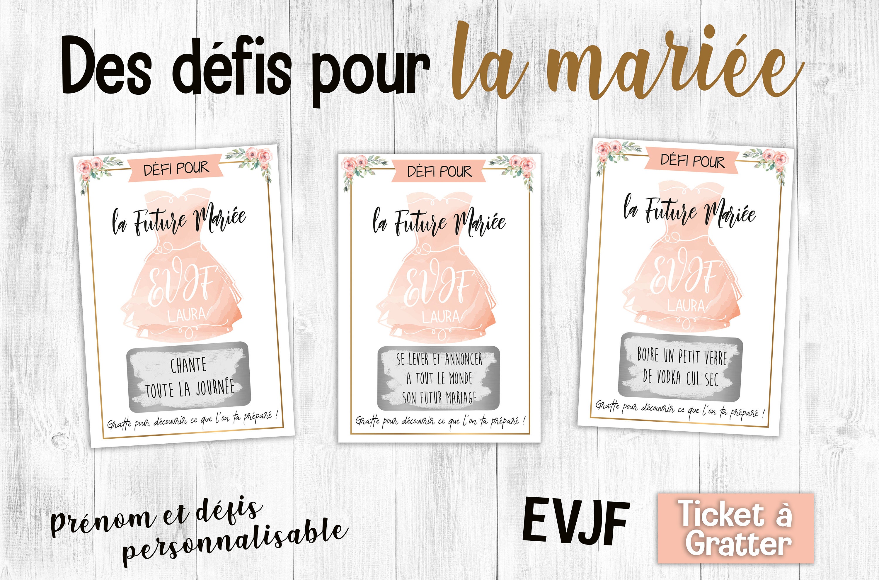 Carte à Gratter Personnalisable EVJF - Programme Surprise Enterrement Vie De Jeune Fille - Badge & Echarpe Mariée Inclus